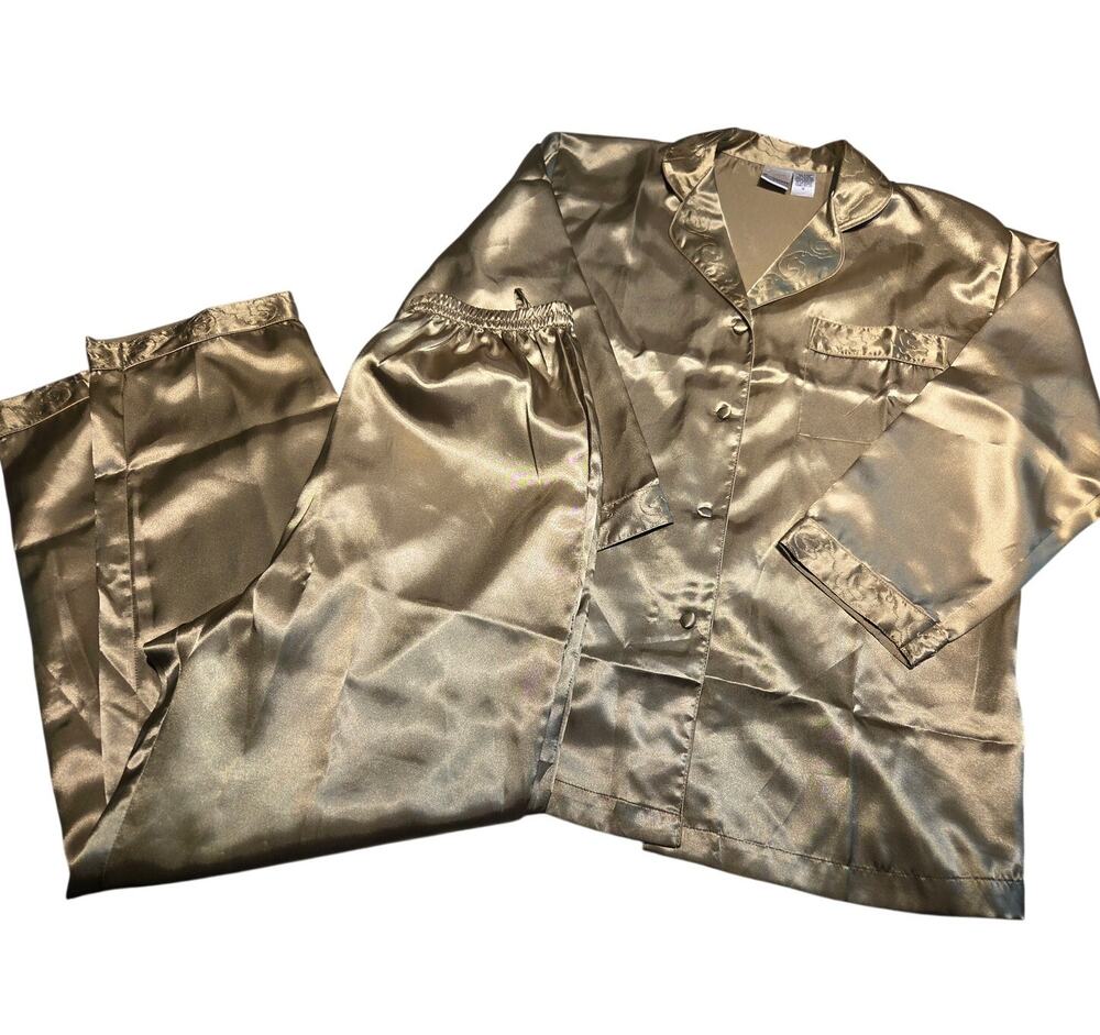 Vtg Suzanne Somers Medium Green Gold Shiny Pajama Set Shiny